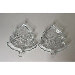 Bali Indonesia Pressed Glass Christmas Tree Shaped Candy Trinket Dish Set Of 2